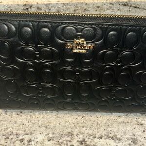 Coach Black Leather Signature Zip Around Wallet with Gold Accents